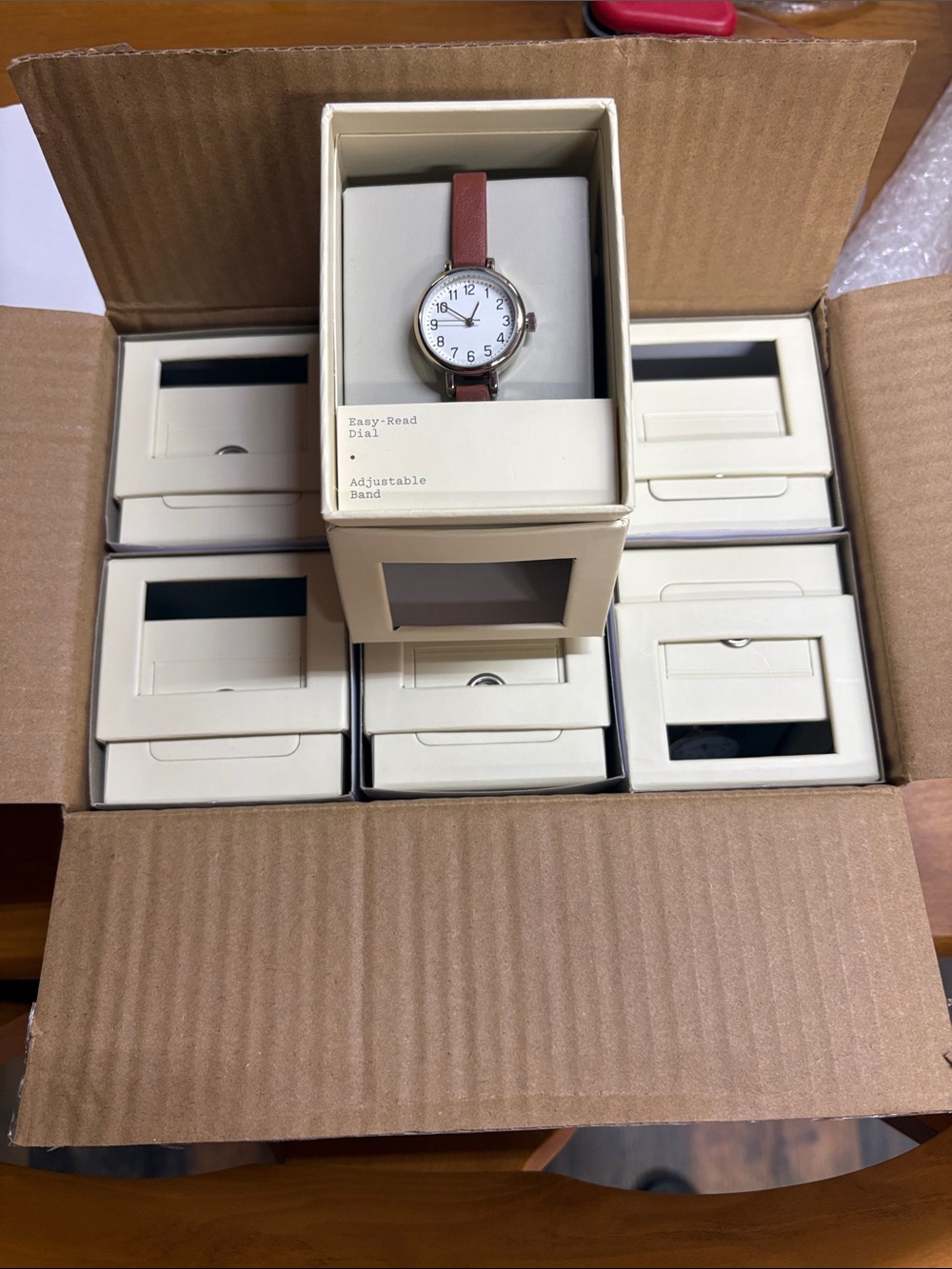 Box of 6 Easy-Read Round Dial Watch with Brown Leather Strap
